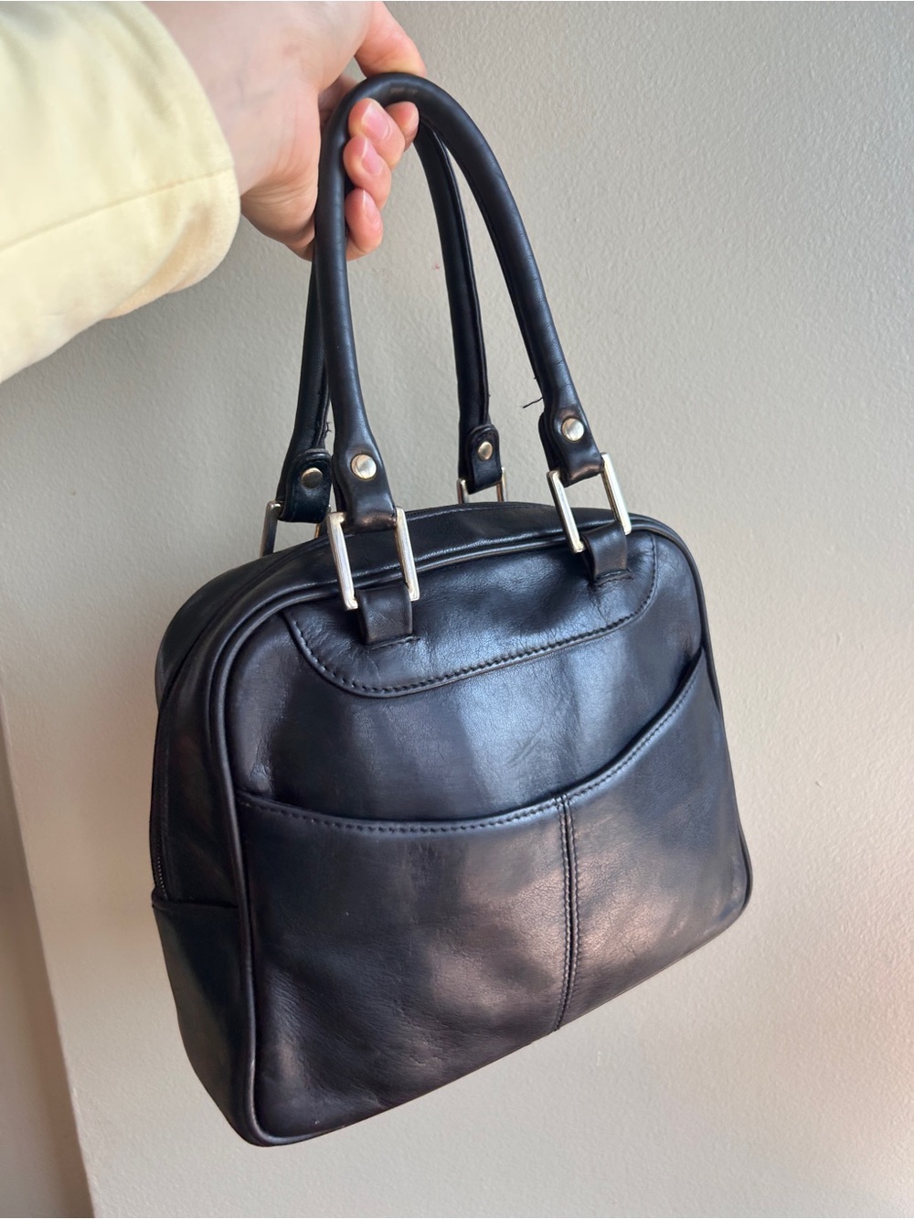 Vintage Tignanello Black Genuine Leather Satchel Top Handle Purse Y2K